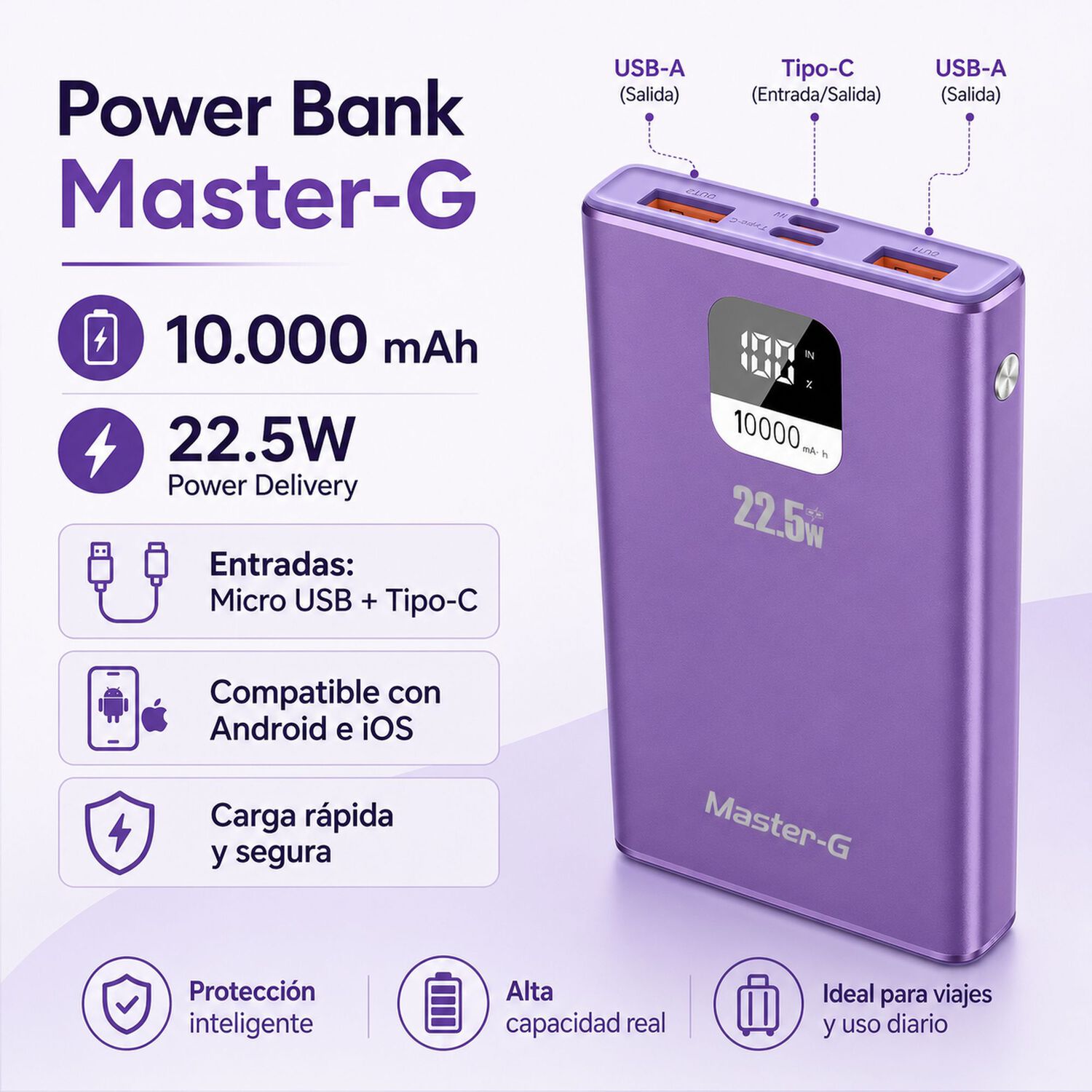 Bater&iacute;a Externa Power Bank 10000 Mah 22.5w Ucp10mpd Morada image number 2.0